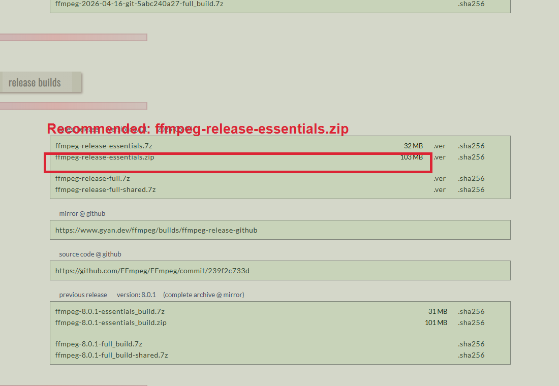 gyan.dev FFmpeg 다운로드 페이지에서 ffmpeg-release-essentials.zip 항목이 강조된 화면